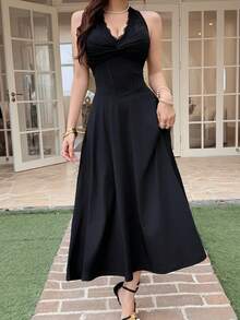 Feyla Women's Solid Color Lace Patchwork Backless Halter Dress - Black - View 6