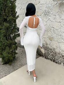 SHEIN SXY 全白性感蕾丝长袖镂空紧身连衣裙 - 白色 - 查看 2