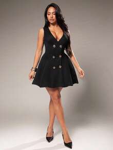 Radiana Sexy Elegant Fashion Black Fitted Pleated Mini Dress Gold Double-Breasted Sleeveless Suit Dress V-Neck Camisole Dress Puff Dress Dress Black Formal Dress - Black - View 1