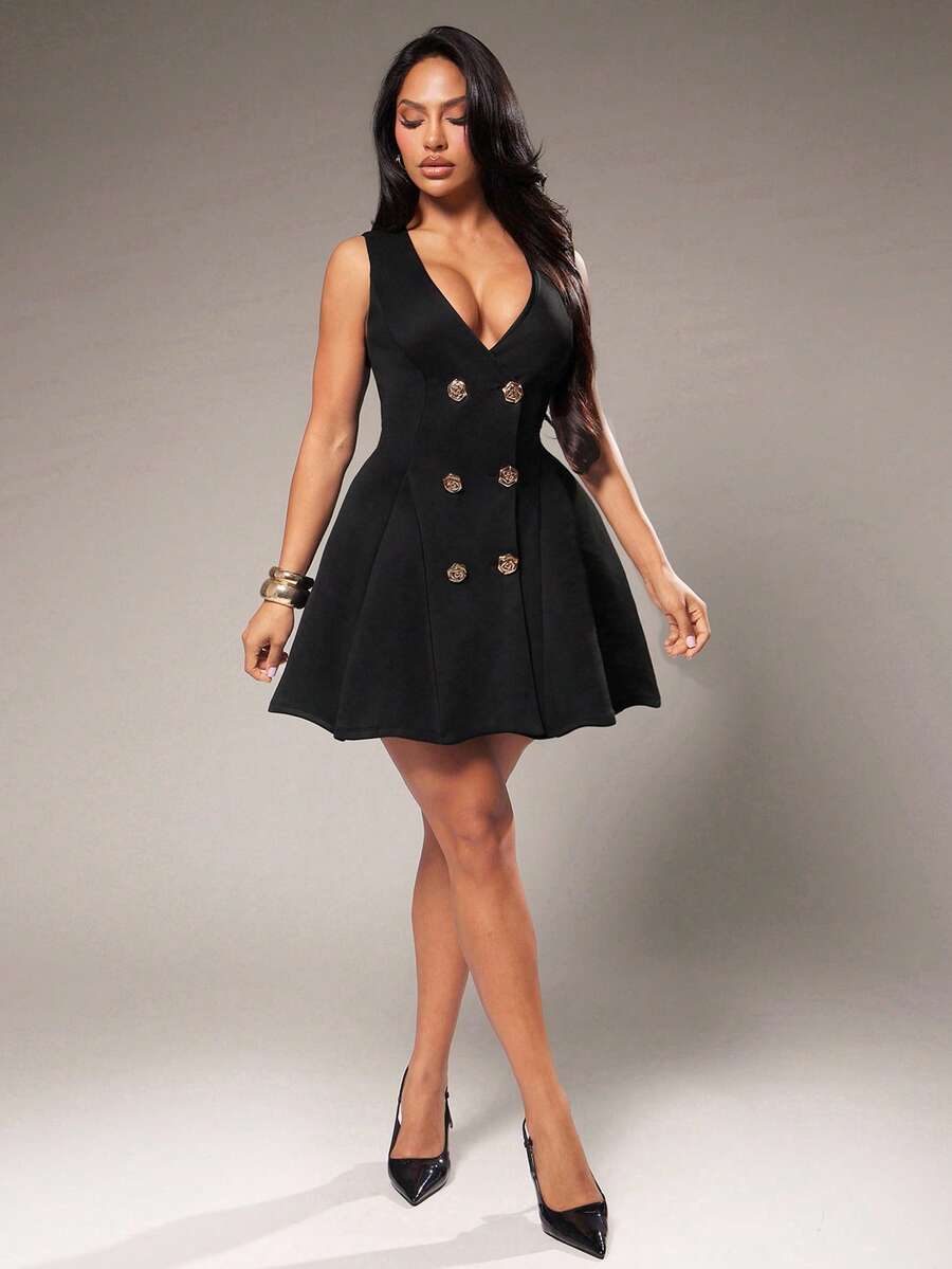 Radiana Sexy Elegant Fashion Black Fitted Pleated Mini Dress Gold Double-Breasted Sleeveless Suit Dress V-Neck Camisole Dress Puff Dress Dress Black Formal Dress - Black - View 1