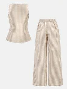 Firerie Kids 2pcs Tween Girls Casual Outfit - Vest Top + Loose Pants Set, Fashionable, Versatile, Suitable For Party, Outing, Photoshoot With Sisters, Park, Camping, Vacation, Daily Wear - Khaki - View 2