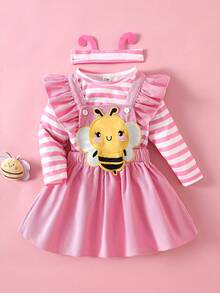 SHEIN Playful Pals 女婴春秋季可爱风格连体衣和蜜蜂图案连衣裙，赠送发带 - 粉色 - 查看 6