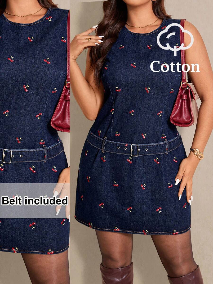 Elaquor Plus Size Casual Denim Mini Dress Sleeveless Round Neck Cherry Print With Belt Included - Multicolor - View 1