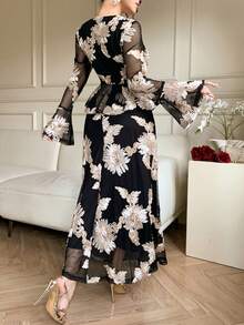 DAZY 女士优雅花卉V领喇叭袖套头衫和鱼尾裙两件套，春夏款 - 黑色 - 查看 2