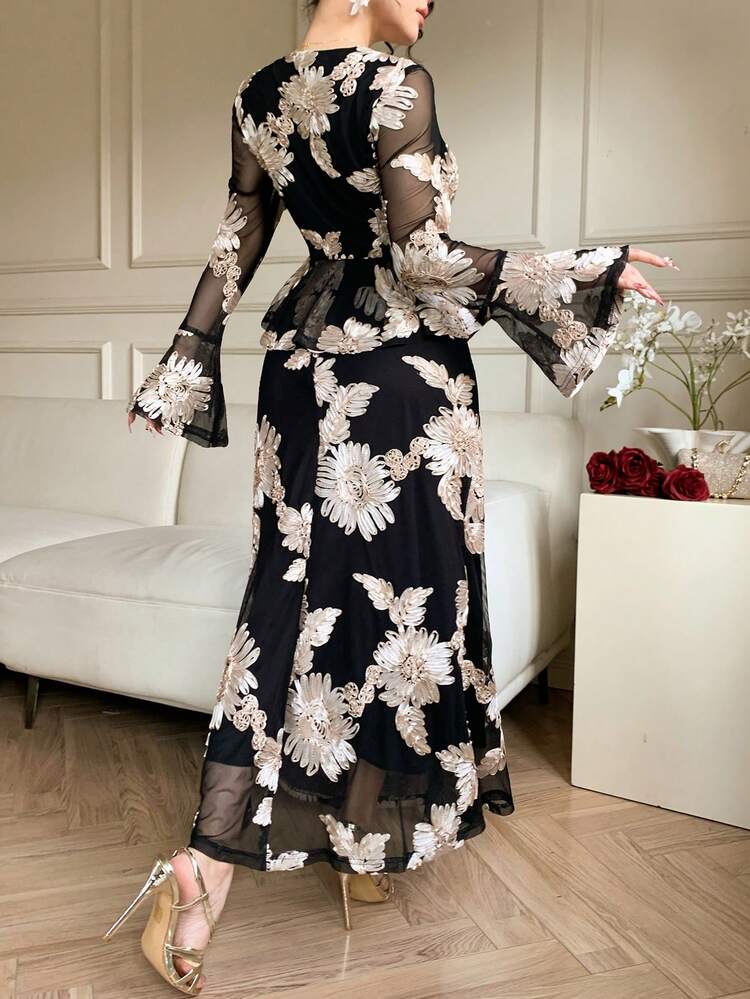 Women's Elegant Floral V-Neck Flare Sleeve Pullover Top And Mermaid Hem Skirt 2-Piece Set, Spring/Summer