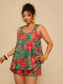 Travachic 大码优雅靛蓝色几何图案上衣搭配宽松口袋短裤,两件套,度假休闲装,波西米亚风,西式服装,沙滩装,夏季女装,假日套装 - 彩色 - 查看 7