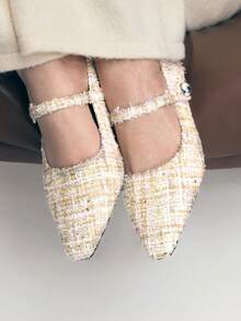 Mnmlis 女士新款灰色法式低跟尖头简约时尚羊毛玛丽珍鞋 - 米杏色 - 查看 9