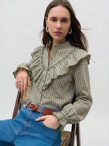 Nöista Women's Fitted Peter Pan Collar Gingham Shirt - Olive Green - View 5