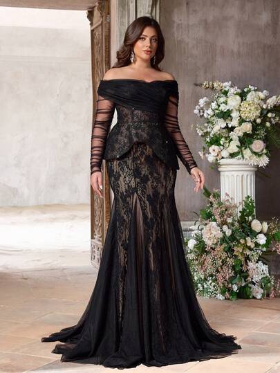 Aureia Plus Size Elegant Luxurious Black Sequin Lace Splice Sheer Off-Shoulder See-Through Sleeve Mermaid Hem Splice Triangle Mesh Dress, Suitable For Evening Party, Gala, Date, Vacation, Wedding, Music Festival, Formal Occasion (Intricate Design)