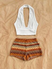 Soleia Bộ đồ 2 mảnh phong cách Bohemian lãng mạn họa tiết hoa: Áo tank top cổ yếm kẻ sọc nhiều màu sắc và quần short, thích hợp cho các dịp thường nhật, đi biển, dự đám cưới, lễ tốt nghiệp, ngày lễ Thánh Patrick, kỳ nghỉ xuân, lễ Phục sinh, lễ hội âm nhạc. - Nhiều màu - Xem 2