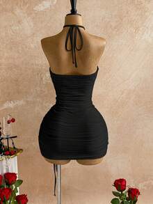 Soleia 女士针织镂空抽绳露背性感迷你连衣裙，适合派对、约会、情人节、复活节、狂欢节、下午茶、海滩、邮轮、秋冬季城市度假、感恩节和新年等场合。 - 黑色 - 查看 2