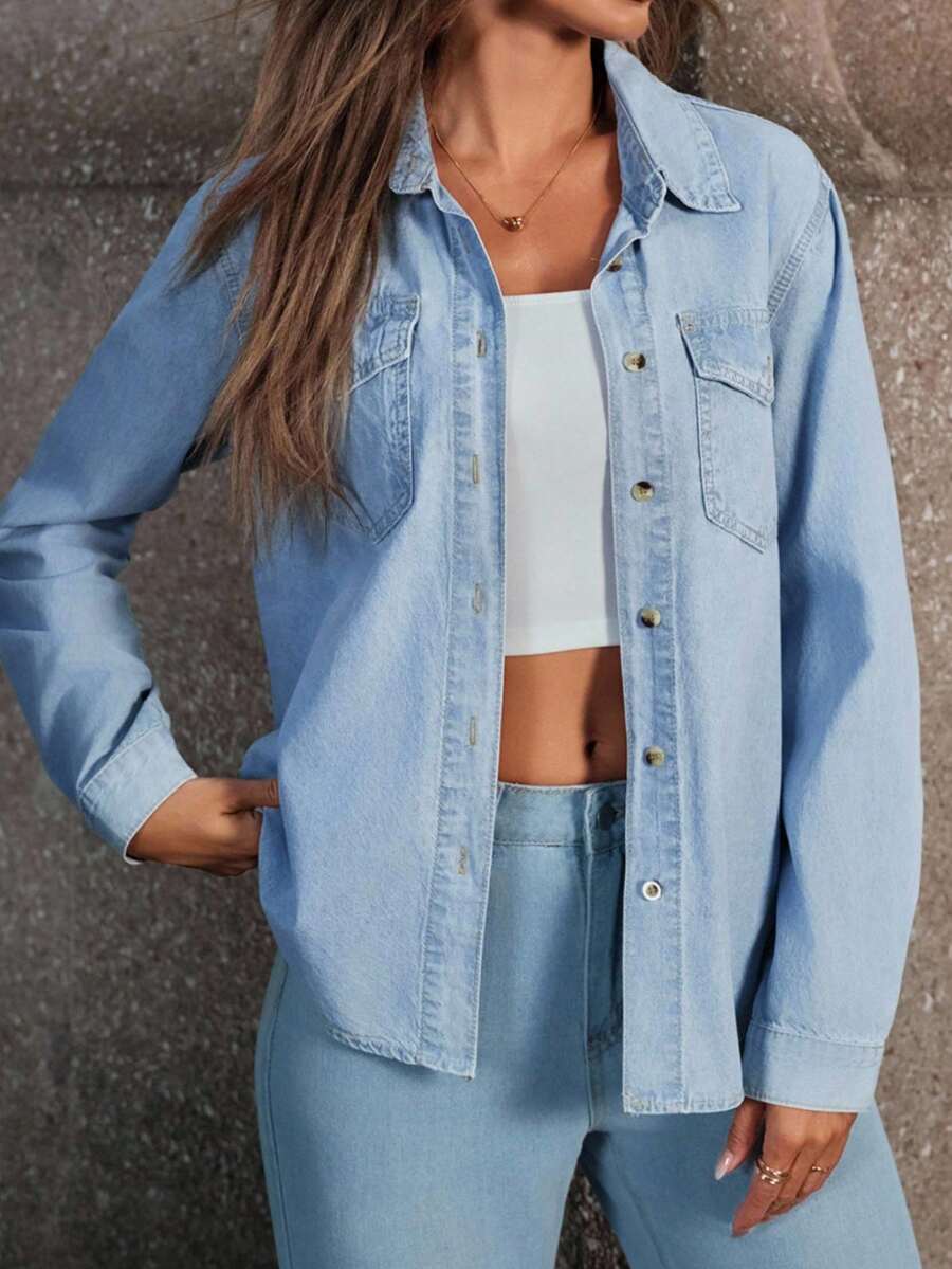 Selenza 大码女式翻领单排扣休闲百搭日常长袖牛仔衬衫 - 藍色 - 查看 1