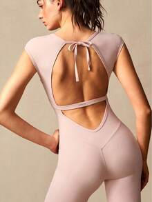 VARSIVA 女士纯色简约短袖连体裤，休闲运动装 - 粉色 - 查看 12