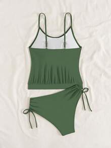 Swim Lushoire Summer Vacation Beach Solid Color Tankini Set - Dark Green - View 2