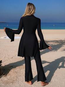Swim Mulvari Spring/Summer Black Knit Fabric Waist Tie Twist Turtleneck Long Flare Sleeve Ruffle Hem Top & Flare Pants Muslim Style Women 2-Piece Set - Black - View 2