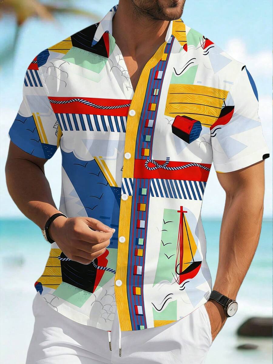 Manfinity RSRT 男士复古航海元素涂鸦衬衫，海滩度假风衬衫，百搭沙滩休闲上衣，适合送给男友、丈夫、家人，男女皆宜的沙滩度假衬衫 - 彩色 - 查看 1