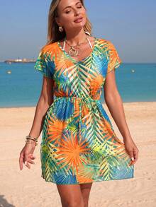Swim Vcay 女士春夏热带植物印花V领收腰开衩度假连衣裙配罩衫 - 綠色 - 查看 5