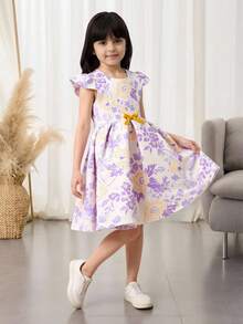 SHEIN Glamorique Kids 女童优雅提花公主裙，适合节日、派对、聚会、夏季穿着 - 淡紫色 - 查看 1