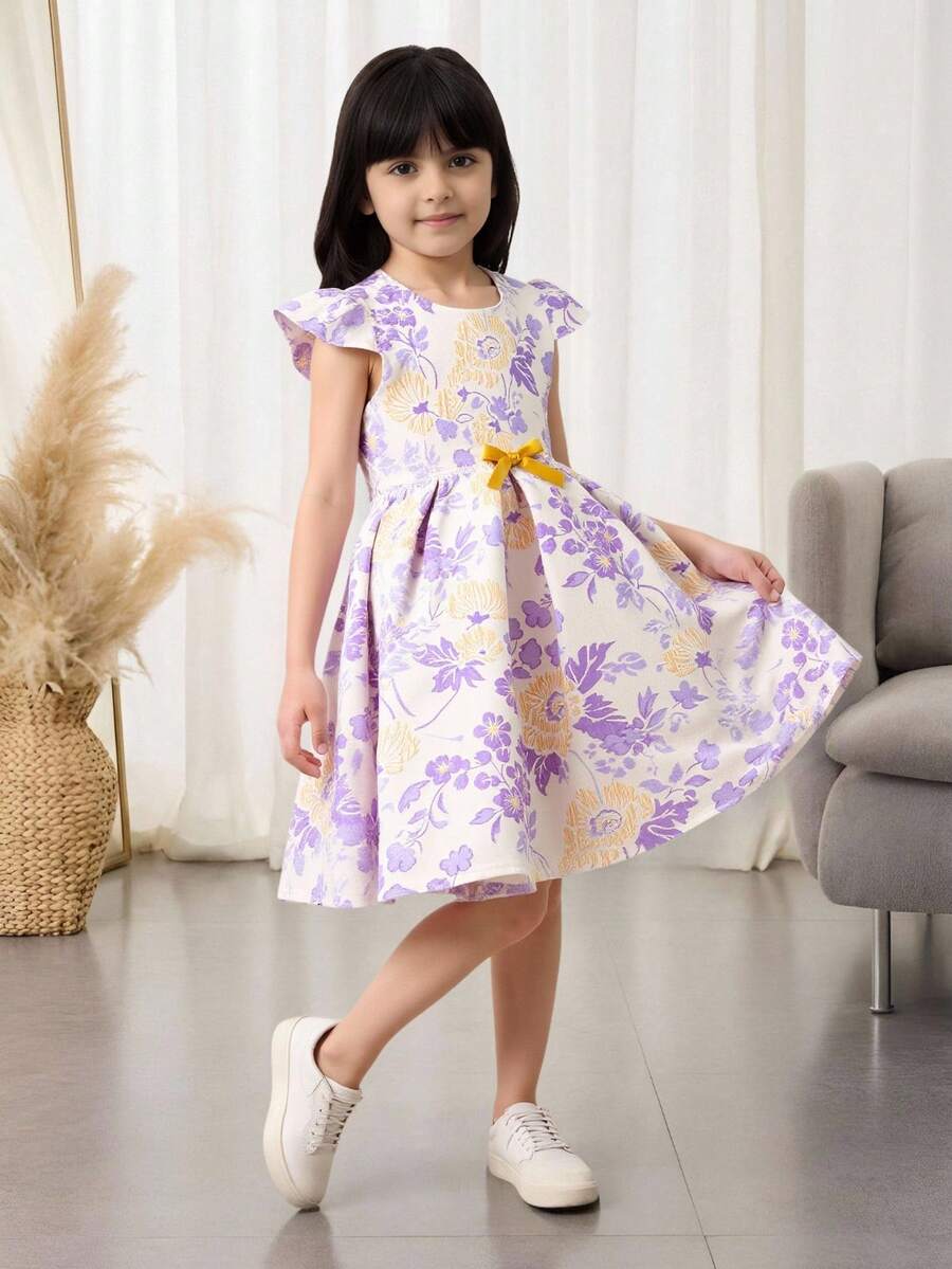 SHEIN Glamorique Kids 女童优雅提花公主裙,适合节日、派对、聚会、夏季穿着 - 淡紫色 - 查看 1