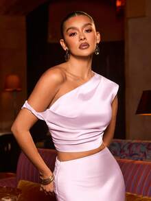 L'Amorae Women One Shoulder Cropped Satin Twisted Sleeve Top - Pink - View 1