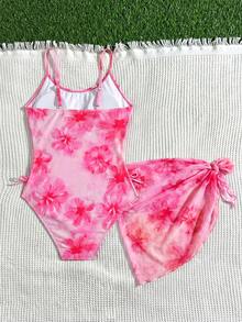 SHEIN 少女碎花连体泳衣及罩衫两件套 - 粉色 - 查看 2