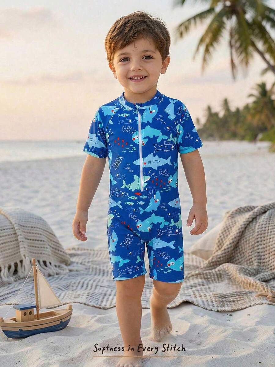 SHEIN 男童卡通印花连体泳衣，适合海滩/度假 - 藍色 - 查看 1