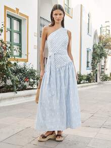 Nöista One-Shoulder Midi Dress In Diagonal Stripe And Asymmetric Hip Seam - Baby Blue - View 4
