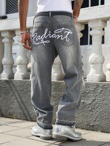 Manfinity EMRG Men's Casual Distressed Embroidered Loose Fit Dark Grey Jeans - Dark Grey - View 4