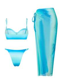 Swim Oasis 2026春夏新款可调节编织肩带蓝色渐变侧边编织设计三件套女士时尚比基尼泳装套装 - 藍色 - 查看 2