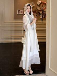 DAZY 少女束腰网纱披肩带连衣裙，优雅连衣裙 - 白色 - 查看 5