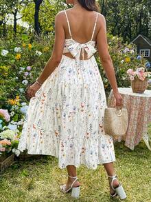 SHEIN Vestido de tirantes casual con estampado floral y volantes para maternidad - Albaricoque - Ver 2