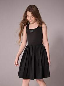 Girls' Casual Vacation Black Bow Pleated Camisole Dress, Summer Outfits, Soft & Fashionable Design, Versatile For Vacation, Travel, Campus And Daily Wear - Black - View 5