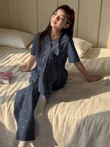 DAZY Tween Girl Tween Girls Heart Print Contrast Trim Loungewear Set, Fall Summer - Navy Blue - View 4