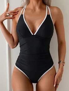 SHEIN Swim 女士连体泳衣，黑色修身沙滩度假风 - 彩色 - 查看 4