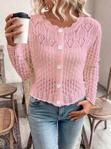 Rafferiza Women's Round Neck Hollow Front Button Cardigan Knit Sweater Jacket, Autumn/Winter - Pink - View 7