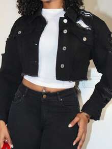 Steph T Chaquetilla casual de mezclilla corta con borde crudo lavada y detalles desgastados - Negro - Ver 4