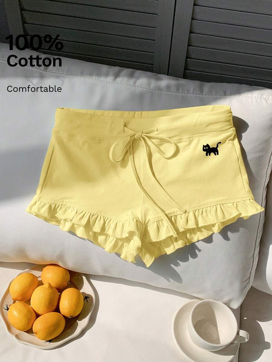 Comfortcana 女士夏季猫咪印花荷叶边系带短裤，浅黄色 - 鵝黃色 - 查看 1
