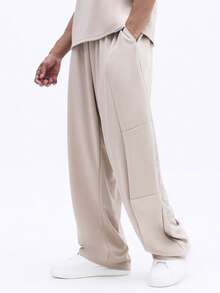 SUMWON Men's Beige Short Sleeve T-Shirt And Wide Leg Pants Co-Ord Set Crew Neck Casual Two Piece Outfit Summer Loungewear - Khaki - View 4