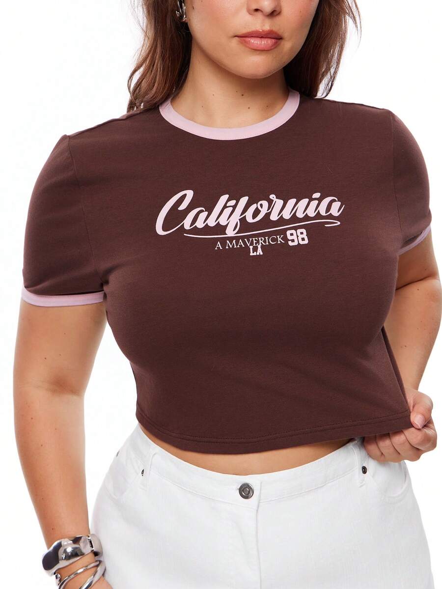 Solavibe 女士加大码圆领字母数字印花休闲百搭日常短袖T恤，适合度假、休闲穿搭、休闲上衣、女士度假装、短款T恤、棕色短款上衣、短款印花T恤、棕色印花T恤、棕色印花短款上衣、女士上衣和衬衫、女士工作衬衫、瑜伽上衣、女士运动上衣 - 棕色 - 查看 1