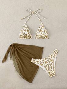 SHEIN Swim Mod Women's Summer Beach Ditsy Floral Halter Tie Sexy Bikini Set With Coverup And Skirt - Mocha Brown - View 3