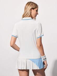 Gameset SHEIN Sport 女士撞色条纹印花短袖运动Polo衫，夏季 - 白色 - 查看 2