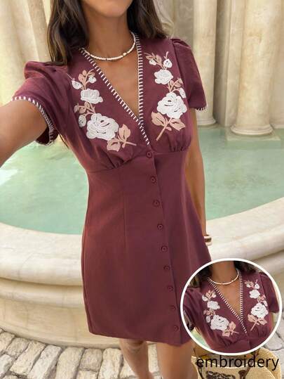 Serisse Women's  Casual Vacation V-Neck Floral Embroidered Boho Burgundy Floral Embroidered Contrast Blanket Stitch Button Front Mini Dress Casual Vacation Date Outing Mini Dress,Pairs Well With Wine Brown Embroidered Floral Short Sleeve Dress,For Women Vacation Outfits Woman Beach Outfits For Woman Dresses For Women Elegant Sundress Business Casual Woman,Casual Dresses For Women Summer Vacation Outfits  Wedding Guest Dress For Women  Carnival Dress