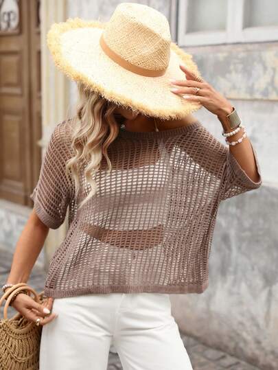 Brillora Women's Summer Beach Vacation Hollow Out Sheer Batwing Sleeve Loose Sweater