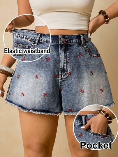 Travachic Plus Size Cherry Print Frayed Hem Slant Pocket Casual Denim Shorts