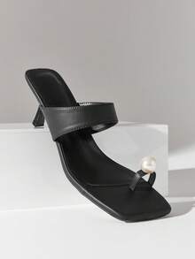 SHUZIA Sandal cao gót mũi nhọn kiểu dáng thanh lịch dành cho nữ, đính ngọc trai trang trí, thích hợp xỏ ngón. - màu đen - Xem 7