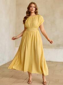 Roveilla Elegant Yellow A Line Plus Size Dress For Women Shirred Round Neck Short Puff Sleeve Long Flared Hem Woven Fabric Simple Chic Summer Modest Dress - Yellow - View 6