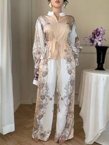 DAZY 女士休闲印花立领抽绳衬衫和阔腿裤两件套，春季 - 杏色 - 查看 8