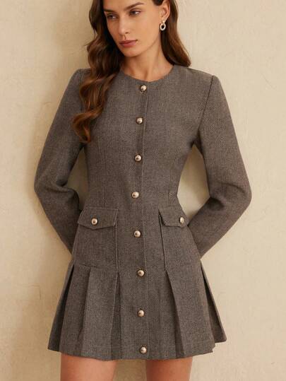 Aveloria Rosie Collarless Herringbone Striped Wool Jacket, Retro British Style, Pearl Buttons, Long Sleeve Mid-Length, Pleated Hem, Pocket Decor, Elegant Autumn/Winter Coat, Women's Commuter Style, Graceful And Generous. Fashionable Design Sense, Versatile Casual Placket Button Flap Pocket Long Sleeve Dress