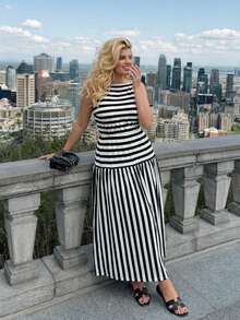 Dripcurv Plus Size Women's Spring Black And White Striped Knit Long Dress,Summer Dresses,Summer Holiday Outfits,Elegant Ceremony Dresses - Black and White - View 5