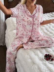 CottageSlumber Women's Casual Comfortable Vacation Contrast Color Floral Print Lapel Short Sleeve Pants Pajama Set - Multicolor - View 5